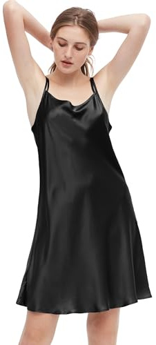LilySilk Nuisette Soie Féminin Robe Courte à Fines Bretelles Chemise de Nuit Chic Eté 19 Momme (Noir, XL)