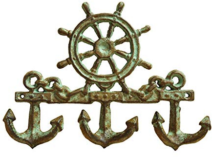 Maritime Hakenleiste Steuerrad & Anker 23 x 17cm Gusseisen Handtuchhaken Schlüsselhaken(GR)
