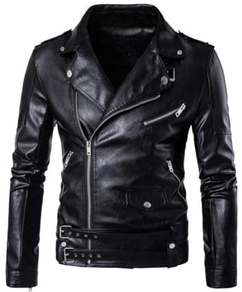 PASOK Men's PU Leather Jacket Causal Belted Faux Leather Motorcycle Jacket Zipper Biker Coat Black 2XL
