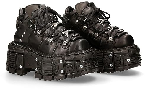 New Rock Botines Plataforma M-TANK106-C2 Unisex Punk Gótico Rock en Piel Negra – Tacón 10 cm y Plataforma 8 cm – Metallic Collection Original – Calzado Alternativo Cosido y Pegado de Alta Durabilidad