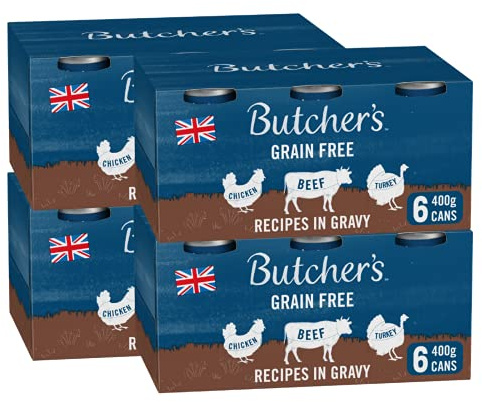 Butcher's Complete Wet Can Adult Dog Food Recipes in Gravy Pack 24 x 400g | Grain Free for Sensitive Stomachs - Complete & Balanced - British & Irish Farmed - Contains Chicken, Beef & Turkey Recipes