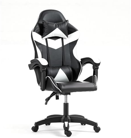 Panana Gaming Chair, Racing Style Office High Back Ergonomic Conference Work Chair Reclining Computer PC Swivel Desk Chair with Headrest&Lumbar Cushion 145 Degree Reclining Angle (White)