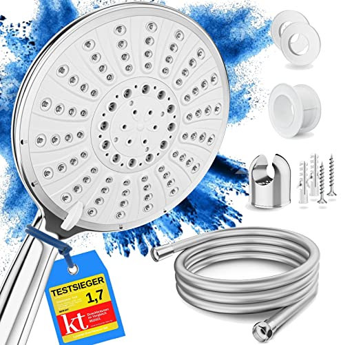 Lyvanas - TESTSIEGER - Duschkopf mit Schlauch und Halterung - Brausekopf für Dusche & Badewanne in extra gross (Ø15cm) - Wellness Regendusche mit 5 Strahlarten (Premium Set 2025)
