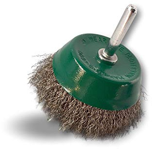 Kibros Brosse rotative coupe Ø 75 mm fil inox souple perceuse | Fil inox Ø 0,20 mm souple, tige Ø 6 mm, pour perceuse ou visseuse à mandrin, nettoyage surfaces inox délicates.