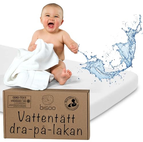 Bisoo Babysäng 60x120 cm - 1 Vattentätt Lakan 2in1 - Dra-på-lakan + Vätsketätt Madrasskydd - 100% Bomullsjersey OEKO-TEX - Mjuk och Tys för Spädbarn (120x60 Vit)
