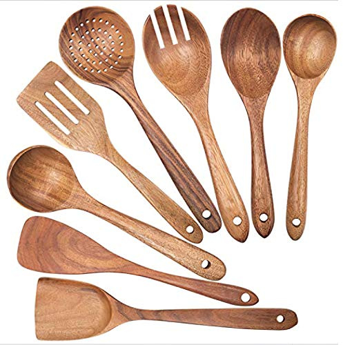 rismart 8pcs Wooden Cookware Kitchen Utensil Nonstick Natural Wood Spatula, Spoon, Colander and Salad Fork Cooking Set, 8pcs