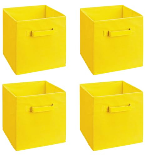 JaHECOME Set of 4 Fabric Storage Boxes Yellow Foldable Cube Storage Bins Organizer Basket with Handles for Drawers Shelves in Bedroom, Nursery Office, Playroom (YELLOW)