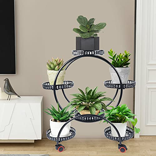 SHZICMY Blumenregal, Topfpflanzenständer Regal mit Rad Metall Eeisen Blumentöpfe Pflanzendisplay, Blumenbank für Indoor Outdoor Garten Deko mit Sechs Großen Tabletts (Schwarz)