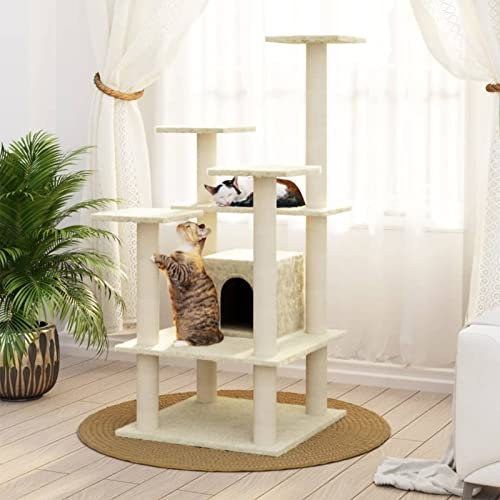 Gecheer Kratzbaum mit Sisal-Kratzsäulen, Katzenkratzbaum Kletterbaum Spielbaum mit Haus, Kratzsäulen und Plattformen Creme 110 cm