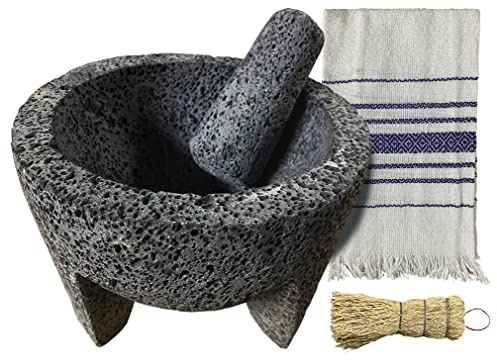 Coladera Mexikanischer Stein Molcajete de Piedra Set für Guacamole mit traditionellem Taschentuch und Reinigungsbesen Vulkanisches Lavastein Original Mörser und Stößel Würze und Curado Anleitung