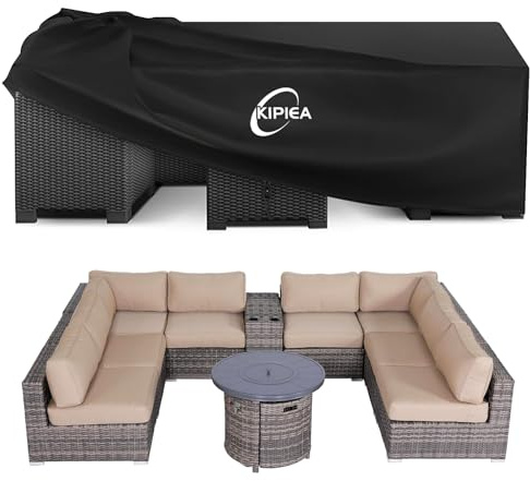 Kipiea Housses Salon de Jardin Exterieur Imperméable, Carré Housses Table de Jardin Coupe-Vent, 420D Tissu Oxford Bache De Protection Salon de Patio Exterieur, Anti-UV- 279x279x71cm