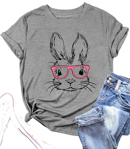 Funny Bunny Print T Shirt for Women Cute Grapic Leopard Shirts Family Blouse Gifts Easter Tops Tee(Grey-2,Medium)