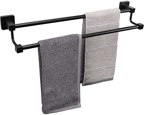 TocTen Doppia barra portasciugamani da bagno, spesso in acciaio inox SUS304, per bagno, accessori da bagno, doppia asta porta asciugamani resistente, montaggio a parete, quadrato (nero opaco, 61 cm)