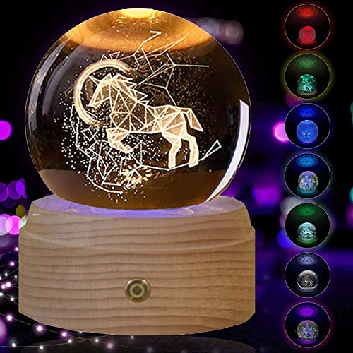 Excerando Kristallkugel Spieluhr - USB Wiederaufladbar 360° Drehbar LED Deko Licht Glaskugel Deko mit Holzsockel, Spieluhr Erwachsene Kreative Geschenke für Geburtstag Weihnachten