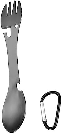 VUIUYOIES Edelstahl Göffel, 5 in 1, Messer, Gabel, Löffel, Mahlzeit, Geschirr, Küchenhelfer, Besteck für Outdoor Camping Utensilien, Schwarz