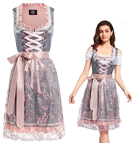 VKI Midi Dirndl Damen Kleid mit Spitzenschürze, Bayerische Tracht Oktoberfest Damen Outfit, Grau/Rose