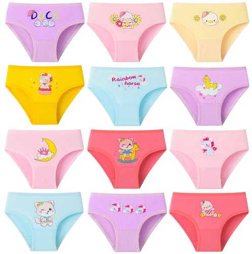 Domee Girls Knickers Cotton Underwear Pants Briefs Underpants Pack of 12 Teacup Cat + Unicorn + Hat Duck 2-4 Years (Manufacturer Size S)