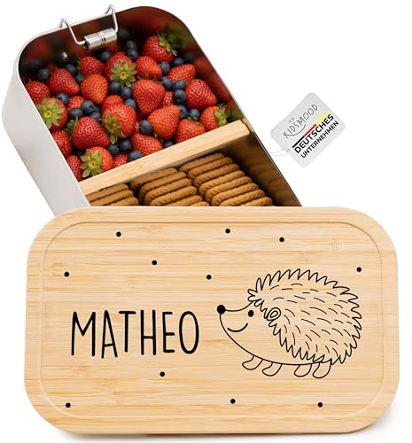 Kidsmood - Brotdose personalisiert mit Namen – Edelstahl Lunchbox mit Fächern für Kindergarten, Schule & Büro mit süßem Igel – Geschenk zur Einschulung für Kinder & Jungen (750ml)