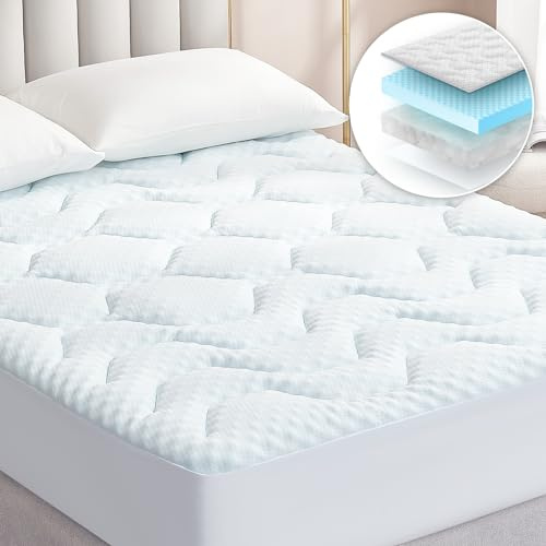 EHEYCIGA Memory Foam Mattress Topper Superking Bed, 180x200x3cm, White | Pressure Relief, Gel Mattress Pad, Extra Deep Pocket, Bamboo Breathable Mattress Cover, Soft Supportive