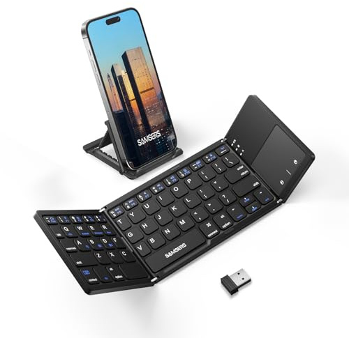 Samsers Teclado Bluetooth plegable multidispositivo con panel táctil, teclado inalámbrico recargable de modo dual (2.4G + BTx2) con soporte, teclado plegable portátil para Android, Windows, iOS, Mac