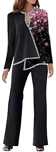 MJGkhiy Completo Donna Elegante Tailleur Cerimonia Curvy Tuta Moda Maniche Lunghe Scollo a V Camicia Patchwork e Pantaloni a Gamba Larga Set Due Pezzi Blazer da Abito e Pantalone Outfit per Sera