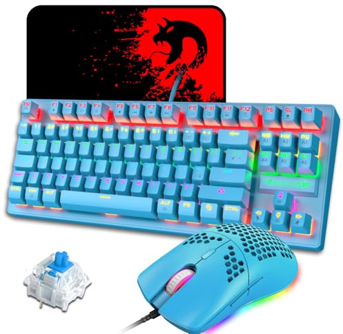 EWEADN K2 Wired Gaming Keyboard Mouse Combo, TKL 80% Percent UK Layout Light Up Clicky Blue Switch Mechanical Keyboard + 6400 DPI Ultra-Light Honeycomb PC Gaming Mice + Mouse Pad for Win/Mac - Blue