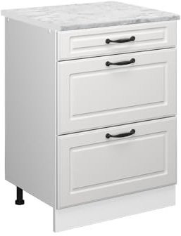 Vicco Küchenunterschrank R-Line, Weiß Landhaus, 60 cm | MDF-Front · AP Marmor inkl. · Höhenverstellbare Füße · Metallgriffe · ✓ Frei kombinierbar