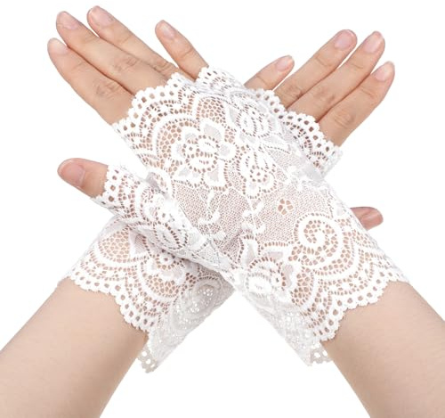 WLLHYF Mitaines en dentelle pour femme – Gants courts élégants pour goûter, protection solaire, motifs floraux, blanc, taille unique