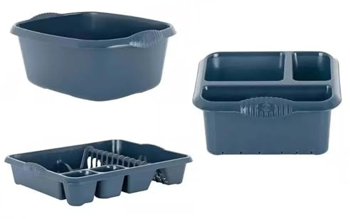 Set of 3 Plastic Rectangular Large Sink Tidy, Washing Up Bowl & Dish Drainer Kitchen Sink Plate Rack Holder, Counter Top Shelf Organiser | 3 PCS Set (Navy Blue)