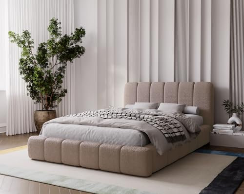 Emporius Doppelbett 160x200 Milan - Polsterbett mit Kopfteil, Elegantes Design, Bouclé Stoff - Lattenrost & Bettkasten (Braun - Anthology 5)