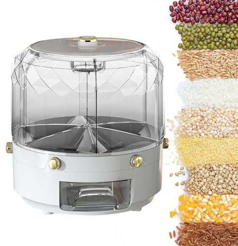 Rice Storage Container - Rotating Rice Bucket - Large Round Cereal Dispenser | Airtight Cereal Container with 360° Rotation with 6 Grids, Cereal Container