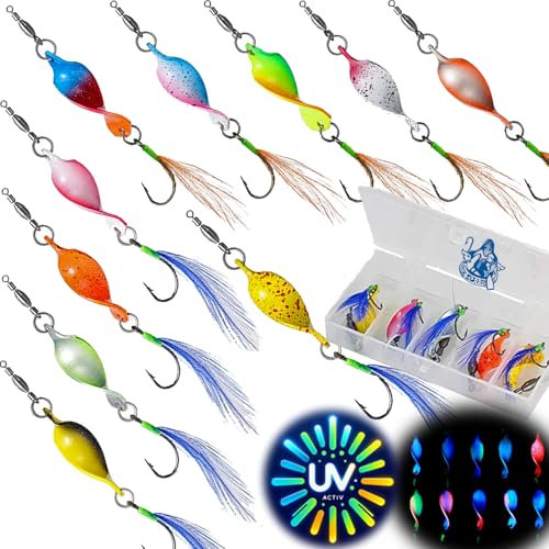 Njord Kalastus Messeneuheit 2024 Spoons Forelle Mega Twist 10 Stück in Spoonbox | Forellen Angeln Spoon Set Forellenköder | Forellen Blinker Angeln Forelle | Forellen Spinner Set Trout (3g mit Feder)