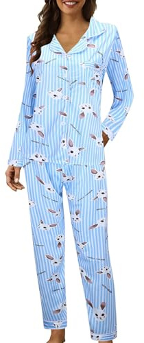 Genérico Pijama de Mujer Conjunto de Piezas Camisones de Manga Larga Estampados con Botones de Solapa Informales Pijamas de Mujer Ligeros y Cómodos Camisones Largos de Invierno