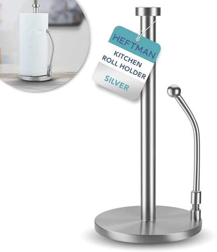 HEFTMAN Porte-rouleau d'essuie-tout de cuisine argenté avec bras de tension et base lestée antidérapante – Porte-rouleau de cuisine en acier inoxydable – Distributeur de papier essuie-tout sans