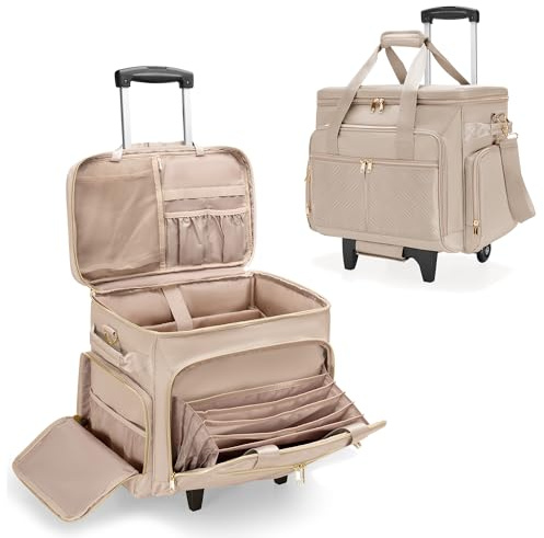 Prokva Rolling Teacher Bag with Wheels, Teacher Tote Bag with Detachable Trolley, Fits for 15.6 Laptop, Light Tan (Patent Design)