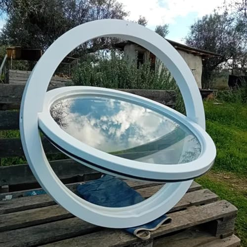 Fenêtre Coulissante Hublot de Bateau Transparent à Ouverture Ronde, Hublot de Fenêtre de Remplacement - Axe Central Rotatif, Vitre en Verre Trempé Encastrée pour Intérieur et Extérieur(60cm/23.6in/2ft