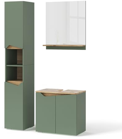 Vicco Set di mobili da bagno Marelle, Verde/Artigianale, 60 cm | composto da mobile sottolavabo, specchiera e colonna alta