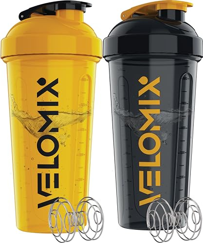 VELOMIX 2 Pack 828ml Shaker Proteinshake, Goldener Stein | 2x Edelstahlkugel, Auslaufsicherer Eiweiß Shaker Becher für Protein Shaker, Spülmaschinenfest, Gym und Fitness