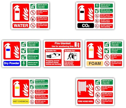 Pack of 7 Water, CO2, Dry Powder, Foam, Wet Chemical, Fire Hose Reel, Fire Extinguisher Id and Fire Blanket Sign Self Adhesive Vinyl Stickers (105mm x 148mm)