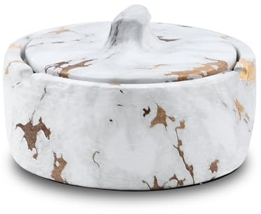 YoHyien Posacenere da Esterno da Tavolo in Ceramica, Portacenere Chiuso Antivento con Coperchio, Posacenere Antiodore per Giardino, Casa, Ufficio e Terrazza (Bianco Dorato)