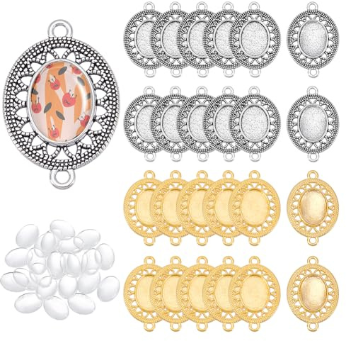 PH PandaHall 24 Sets 2 Farben Anhängerschalen Cabochon Rohlinge Foto Charms Ovale Cabochon Fassungen Mit Glas Cabochons Zur Schmuckherstellung Schale: 3.9x2.6cm