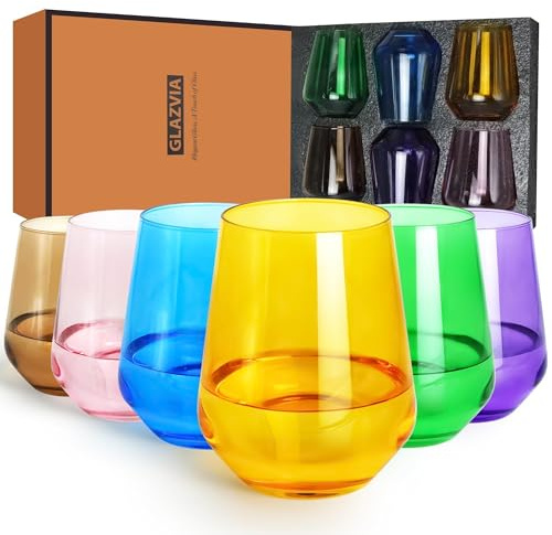GLAZVIA Multi Coloured Stemless Wine Glasses Set of 6, 435ml Drinking Glassware Dishwasher Safe, Wine Glass Tumblers for Red or White, Gift for Party, Holiday, Anniversary, Restaurant, Bar, Daily Use