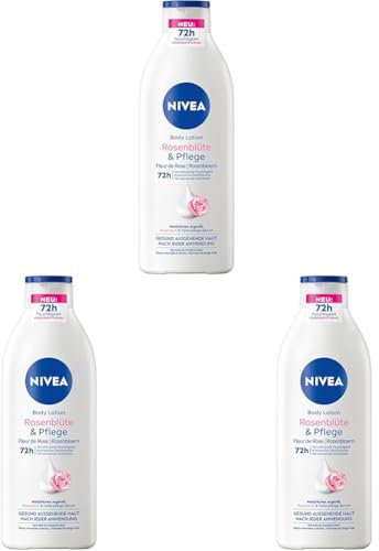 NIVEA Body Lotion Rosenblüte & Pflege, Körpercreme mit Tiefenpflege Serum für 72h Feuchtigkeit, Körperlotion mit Arganöl natürlichen Ursprungs (400 ml) (Packung mit 3)