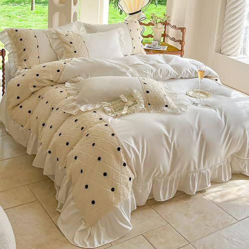 Set copripiumino da 4 pezzi con volant ricamati, comodo set copripiumino in pizzo in cotone, set da 4 pezzi con 1 lenzuolo, 2 federe e un copripiumino (bianco, pieno)