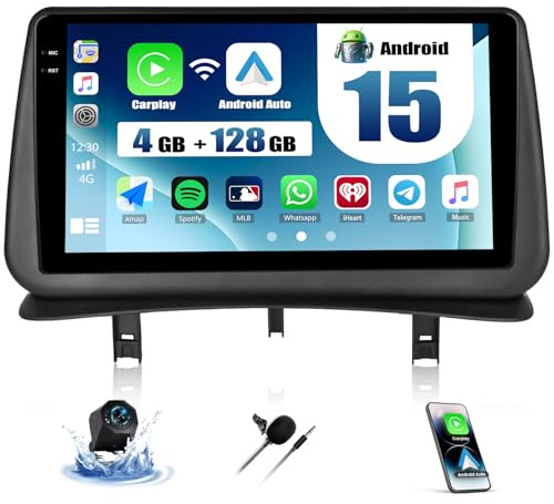 CAMECHO 4+128G 9 Pollici Android 15 Autoradio per Renault Clio 3 2005-2014 con Telecamera Posteriore, Carplay Wireless Bluetooth Radio con Android Auto GPS FM/RDS WIFI Mirror Link Touchscreen 1280*720