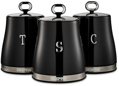 GEEPAS Retrovive 3 Pc Tea Coffee Sugar Canisters Set 1.4L Airtight Lids | Stainless Steel Lids, Durable Carbon Steel Body, Kitchen Storage Canister, Keeps Contents Fresh Aromatic & Flavourful
