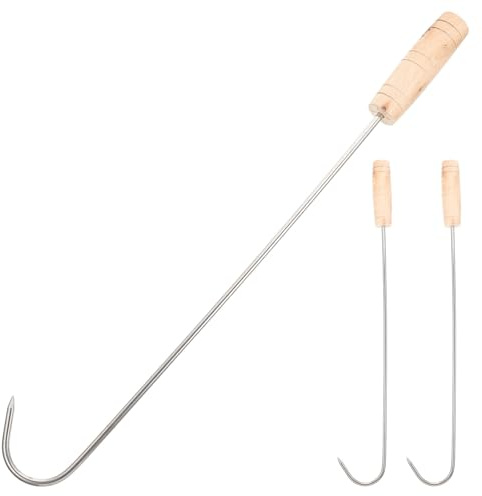BAZEITFLOW Ganci Porta Carne in Acciaio Inossidabile Manico in Legno, Giracarne Singolo per Barbecue e Cucina, Set da 3 Pezzi per Girare Carne e Pesce, Accessori Barbecue per Uso Domestico