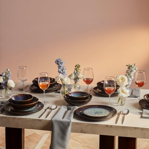 Karaca Leia - Geschirrset 6 Personen Steingut, Teller Set 24 Teilig mit Servierplatte, Müslischalen, Frühstücksteller, Pasta Teller Tief, Essteller, Mikrowellen Steingut Geschirr Set - Blau & Braun