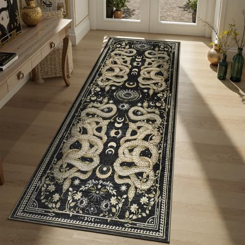 DCX Washable 2x6 Snake Runner Rug, Black Gothic Rug for Living Room, Soft Low Pile Carpet, Kid & Pet Friendly with Rubber Back Non Slip, Stain Resistant Rug for Bedroom Dining Room Office
