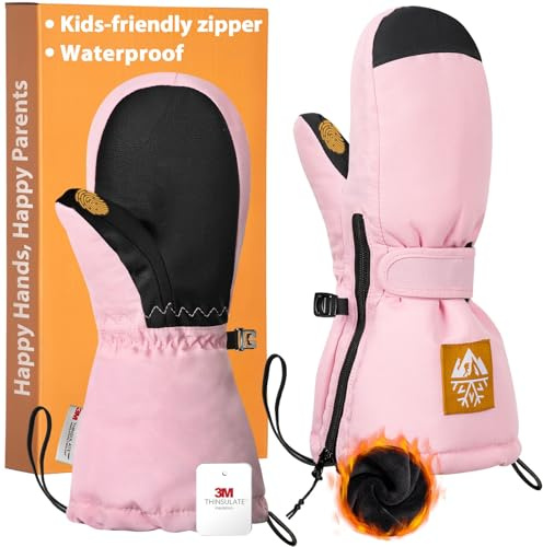 RIGWARL Kids Mittens for Toddler Girls with Long Zipper Cuff, Waterproof Kids Snow Ski Mittens with 3M Insulated, Full Palm Non-Slip Cold Weather Gloves for Skiing Sledding Snowball Fight (Pink, XXS)